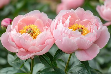 Obraz premium Beautiful light pink peonies, close-up view, soft petals, delicate textures, natural light, romantic aesthetic