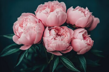 bunch of light pink peonies, detailed petals, soft lighting, shallow depth of field