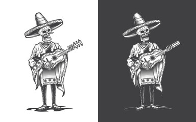 A skeleton in a sombrero with a guitar in his hands. Original vector illustration in vintage style. T-shirt design.