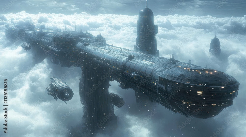 Poster a futuristic spaceship navigating through clouds, showcasing advanced technology and design.