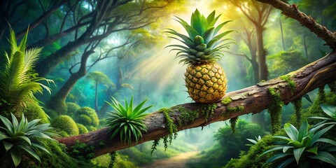 Surreal Conceptual Photography of a Pineapple Growing on a Branch Amidst Lush Greenery with Blue Sky Background, Blending Nature's Oddities and Whimsical Beauty