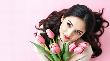 Fototapeta premium A joyful young woman lies on a pink background, holding a fresh bouquet of pink tulips and looking up with a gentle smile