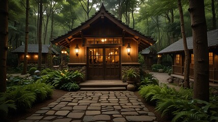 Naklejka premium Magical Cozy Forest Cabin with Glowing Windows and Misty Ambiance V6