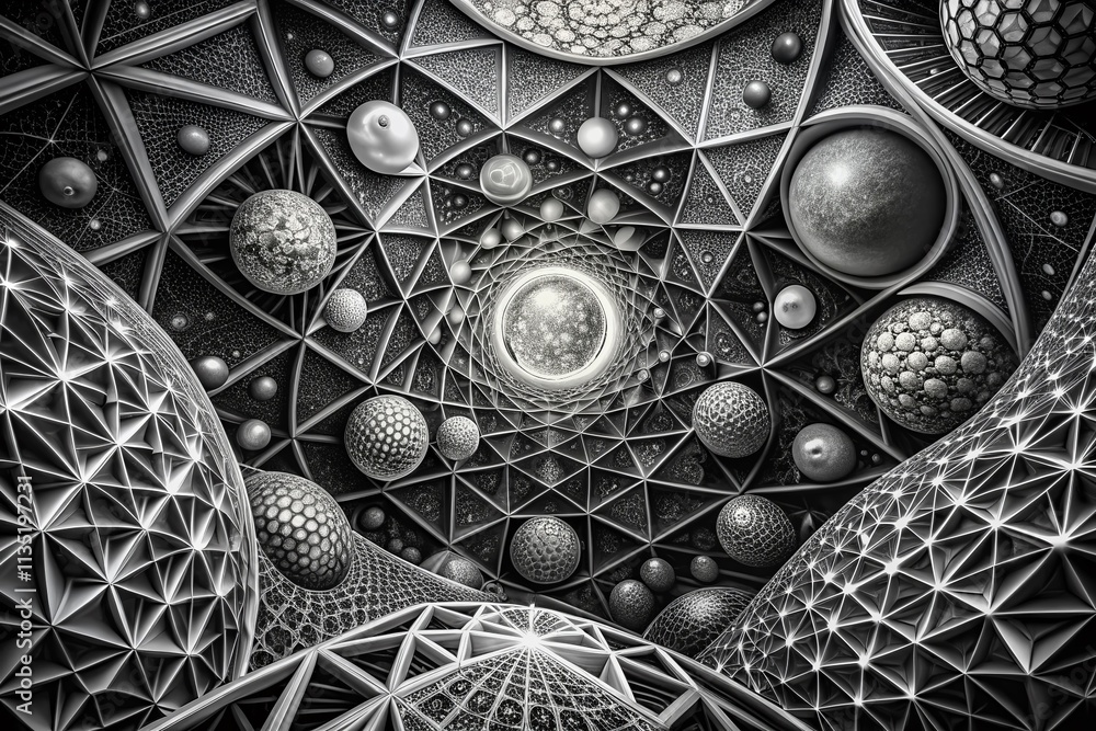Poster surreal depiction of abstract scientific concepts with a black and white theme, showcasing geometric