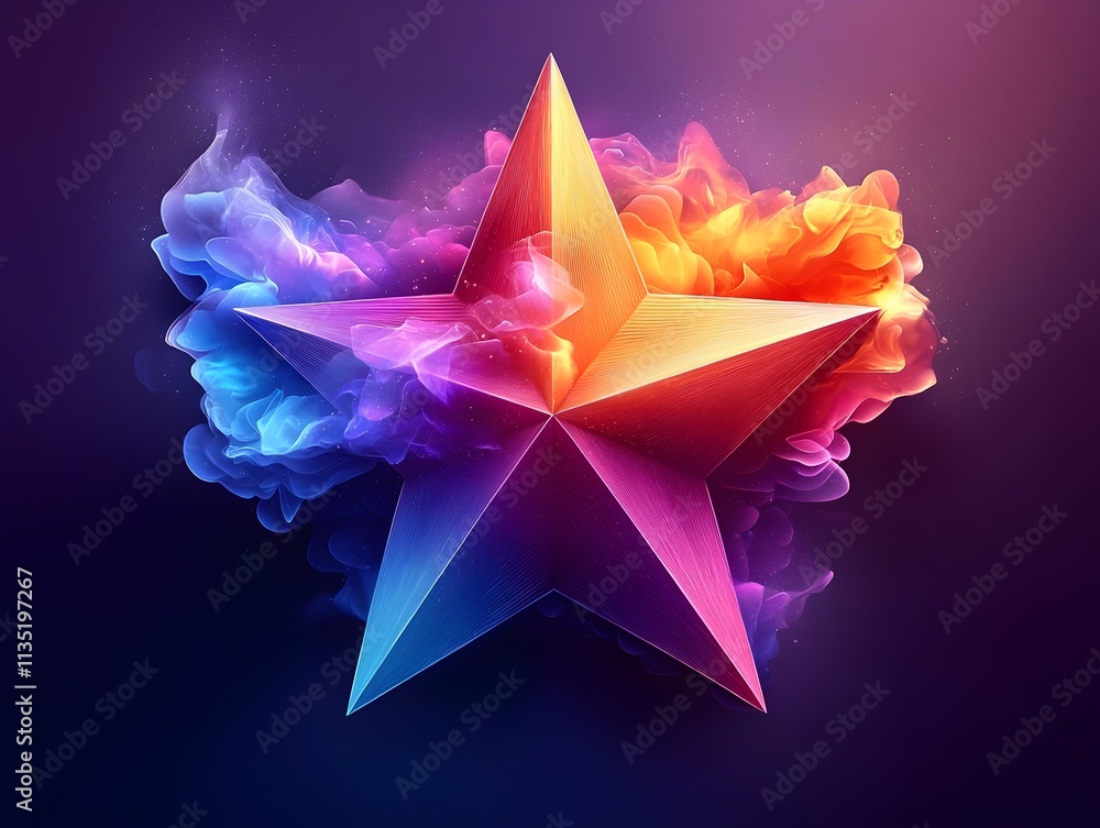 Poster a vibrant multicolored star emerging from a swirl of colorful smoke, creating an energetic and dynam