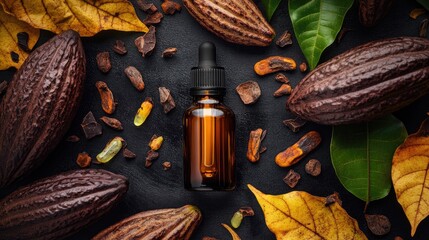 cocoa essential oil in a bottle. Selective focus.