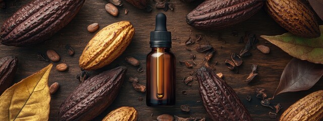 cocoa essential oil in a bottle. Selective focus.