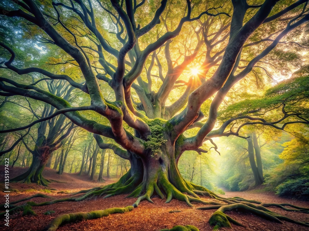 Poster surreal depiction of an ancient beech tree surrounded by dreamlike elements in a mystical forest set