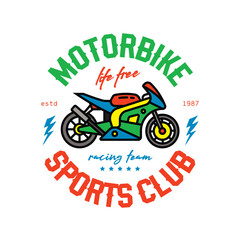 Racing sports motorcycle emblem. Superbike. Original vector illustration in vintage style. T-shirt design.