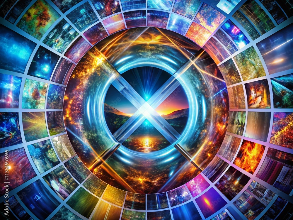 Poster surreal digital representation of a letter x logo enclosed in a circle, merging technology and media