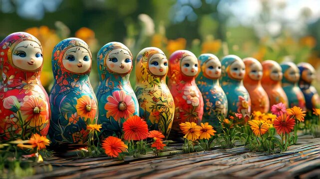 Vibrant row of traditional Russian nesting dolls adorned with floral patterns, set against a garden backdrop