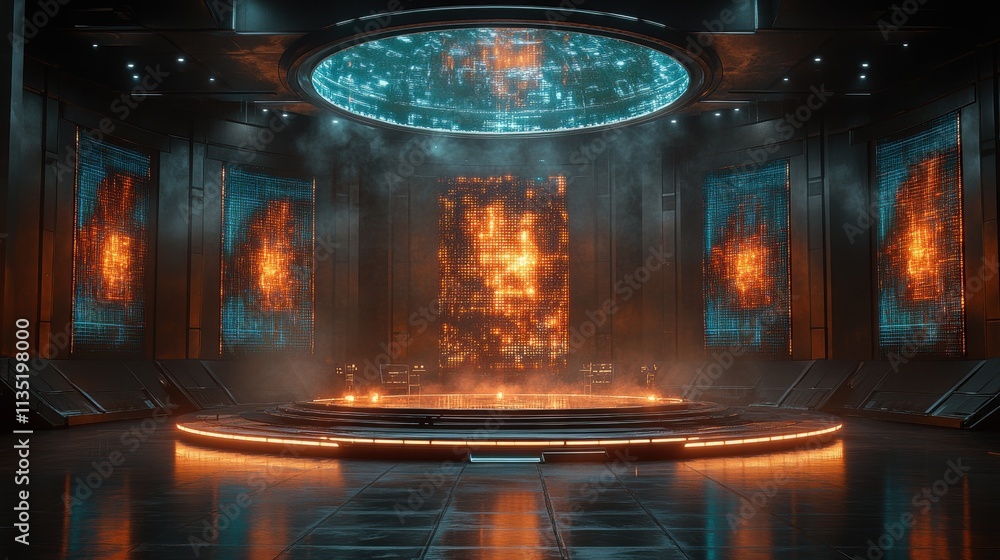 Poster futuristic sci-fi control room with illuminated panels and circular platform - 3d render