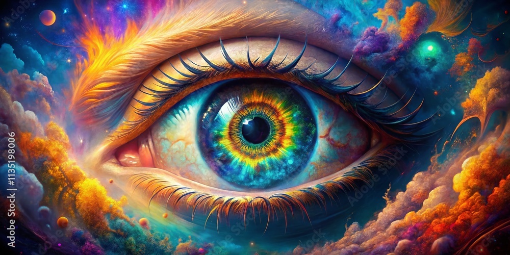 Poster surreal double exposure photography of a psychedelic eye merging with vibrant abstract patterns and 
