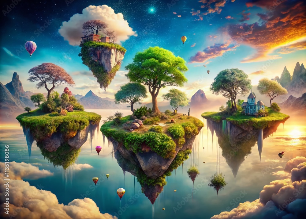 Aufkleber surreal dreamscape: a whimsical journey through a bizarre landscape with floating islands, melting o