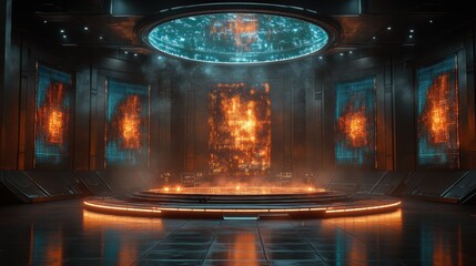 Futuristic Sci-Fi Control Room with Illuminated Panels and Circular Platform - 3D Render