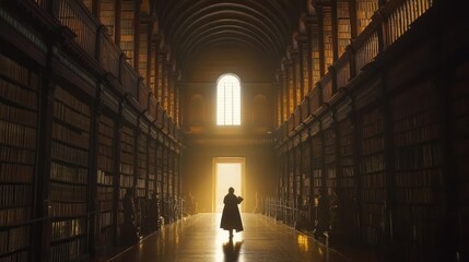 Person walking down a long library aisle with bookshelves and a bright window at the end.