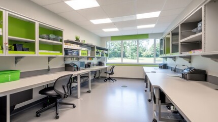 Modern Workspace with Green Accents and Natural Light