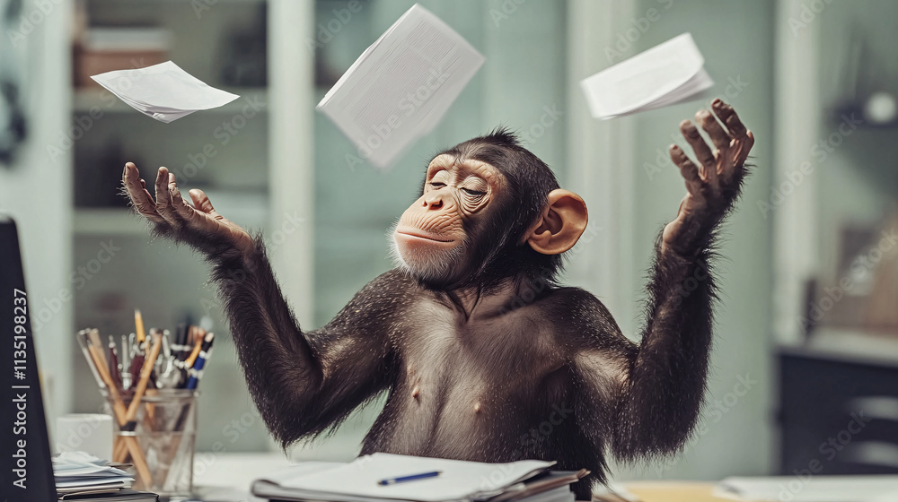 Poster abstract monkey in a modern office, juggling tasks while swinging from project to project, symbolizi
