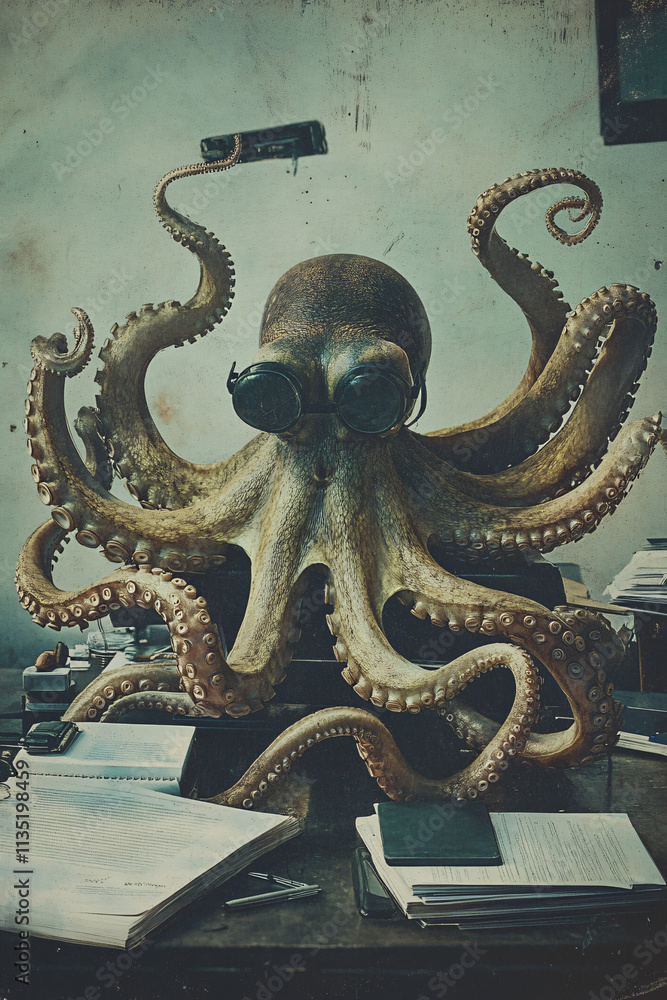 Poster abstract octopus in a business environment, using multiple arms to manage tasks simultaneously, repr