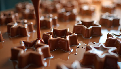 Delicious chocolate pouring into star-shaped molds on a smooth chocolate background