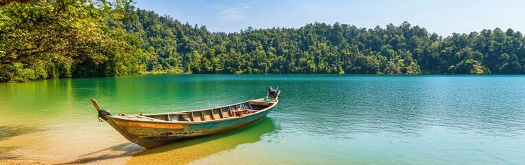 Obraz premium A tranquil lakeside scene with a boat on clear water surrounded by lush greenery.