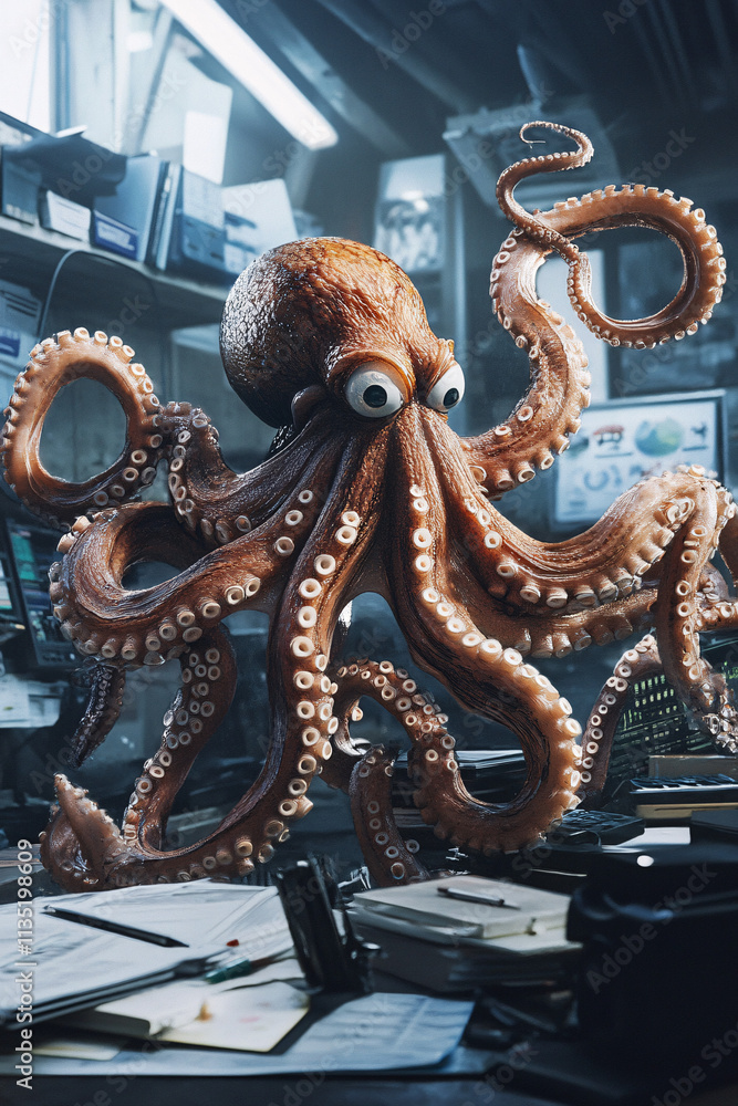 Poster abstract octopus in a business environment, using multiple arms to manage tasks simultaneously, repr