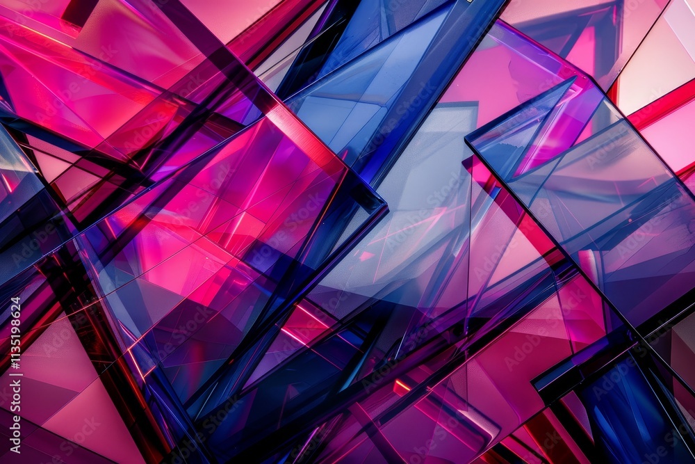 Poster abstract neon geometric shapes and structures in vibrant colors on a dark cyberspace background