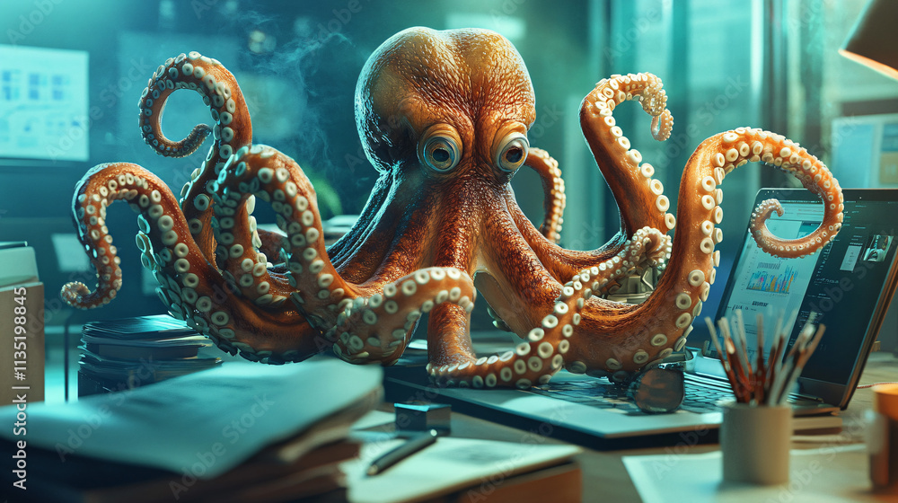 Poster abstract octopus in a business environment, using multiple arms to manage tasks simultaneously, repr