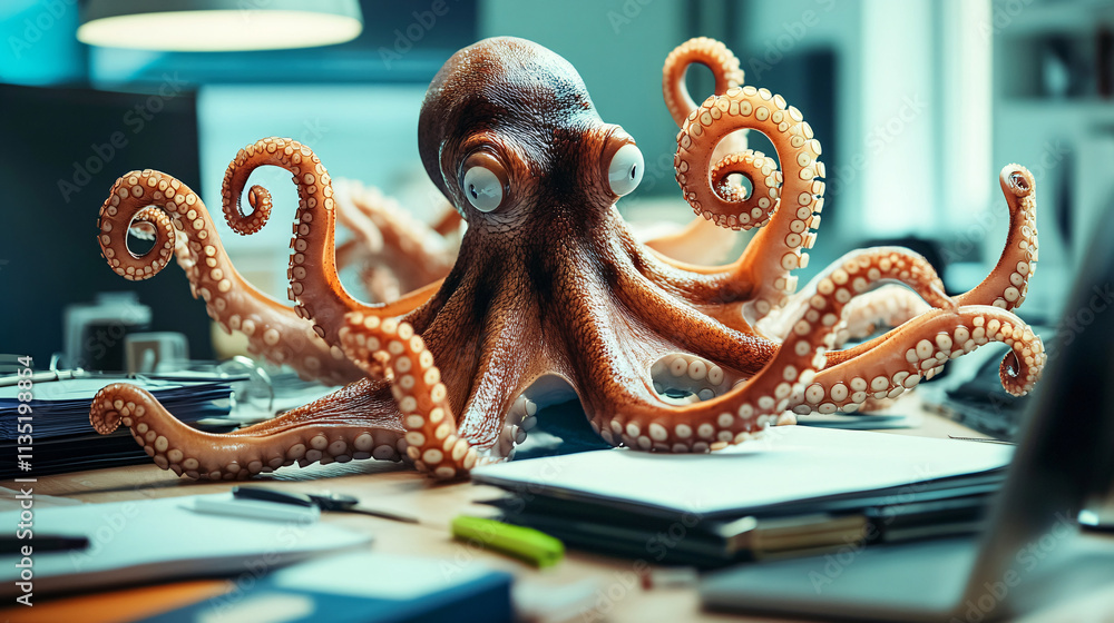 Poster abstract octopus in a business environment, using multiple arms to manage tasks simultaneously, repr