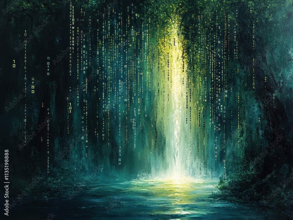 Poster enigmatic digital waterfall surreal oil painting of a lush forest with binary code cascading into a 