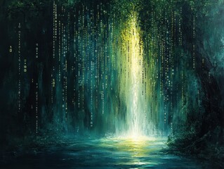 Enigmatic Digital Waterfall Surreal Oil Painting of a Lush Forest with Binary Code Cascading into a Tranquil Pool