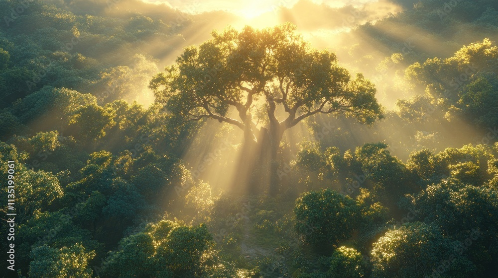 Poster a serene forest scene with sunlight filtering through trees, creating a mystical atmosphere.