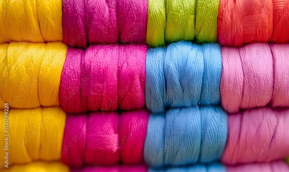Poster rows of colorful, textured, folded fabric create a repeating pattern.