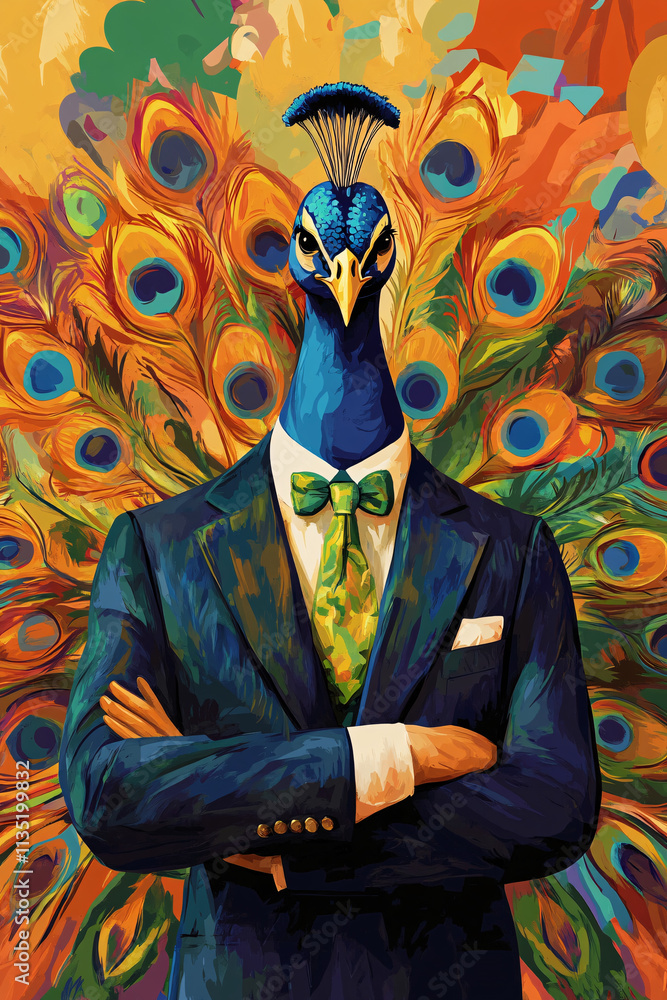 Poster abstract peacock in a corporate setting, flaunting colorful feathers while standing in front of a pr
