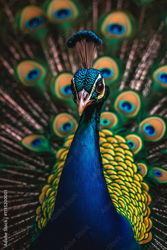 Poster abstract peacock in a corporate setting, flaunting colorful feathers while standing in front of a pr