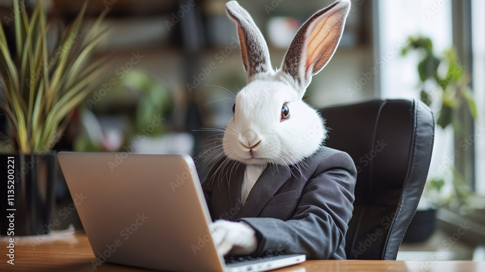 Poster abstract rabbit in a business suit, typing quickly on a laptop, symbolizing speed and efficiency in 