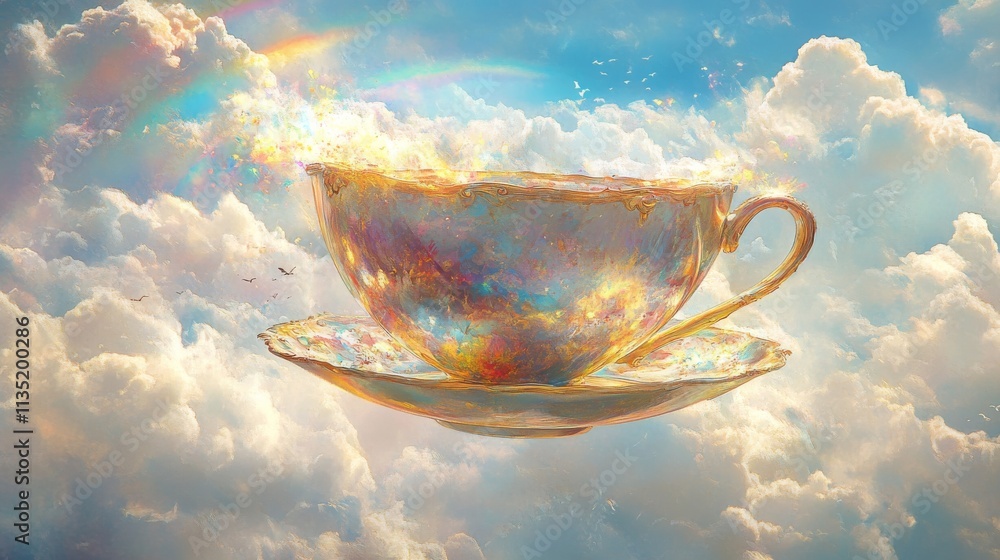 Poster a magical teacup and saucer hover in a soft cloudscape, surrounded by glowing light and rainbow hues