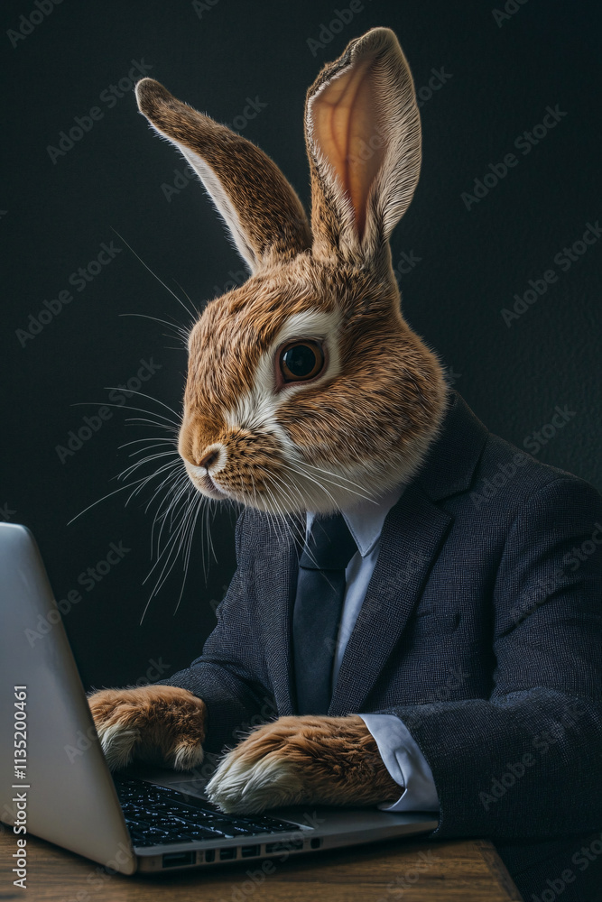 Poster abstract rabbit in a business suit, typing quickly on a laptop, symbolizing speed and efficiency in 