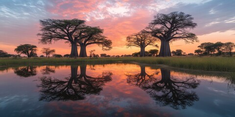 Naklejka premium A stunning scene of baobab trees silhouetted against a vibrant sunset. The sky is filled with beautiful colors reflecting in the calm water below. Perfect for nature enthusiasts and travel lovers. AI