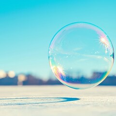 A floating soap bubble reflecting sunlight against a clear blue sky.