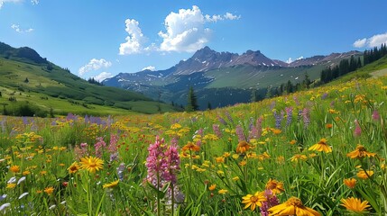 Fototapeta premium Vibrant Wildflower Meadow Against a Majestic Mountain Range Under a Blue Sky