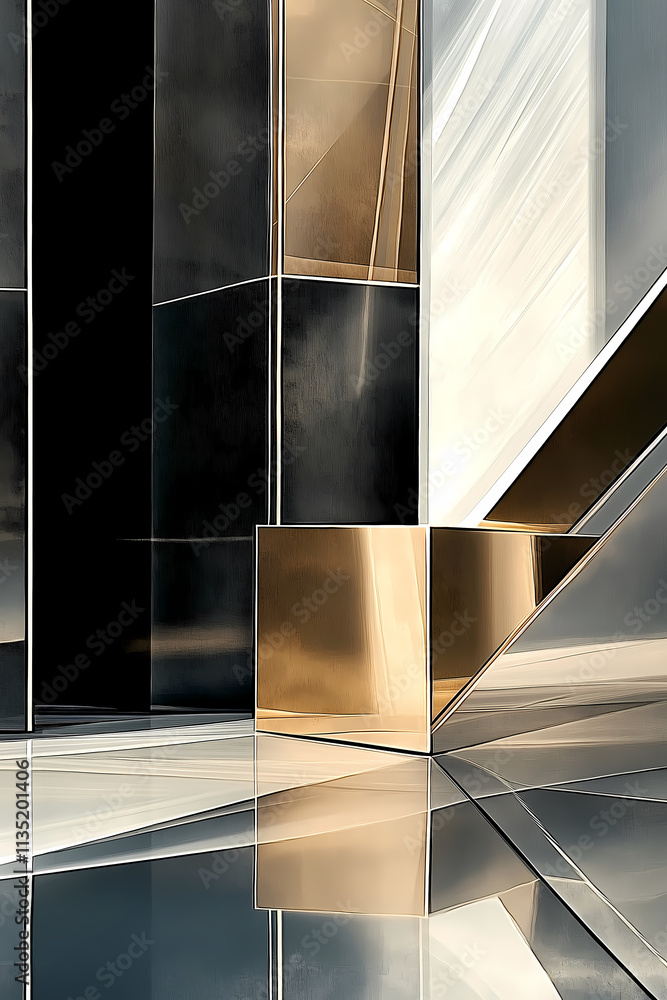 Poster modern cube with golden surface casts layered shadows, expressing minimalism in design. refined edge