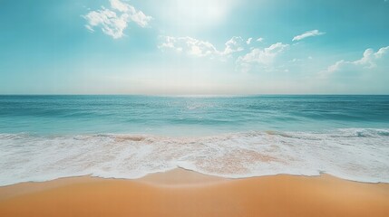 Obraz premium Minimalist watercolor background, summer beach, soft colors, simple composition, sandy beach, ocean horizon, clean design