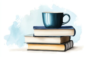 Fototapeta premium Cozy reading nook with books and coffee home illustration calm atmosphere close-up mindfulness