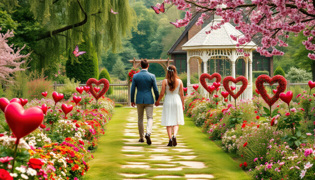 A couple strolling hand in hand in a beautiful garden decorated with heart-shaped ornaments, symbolizing love and togetherness.
