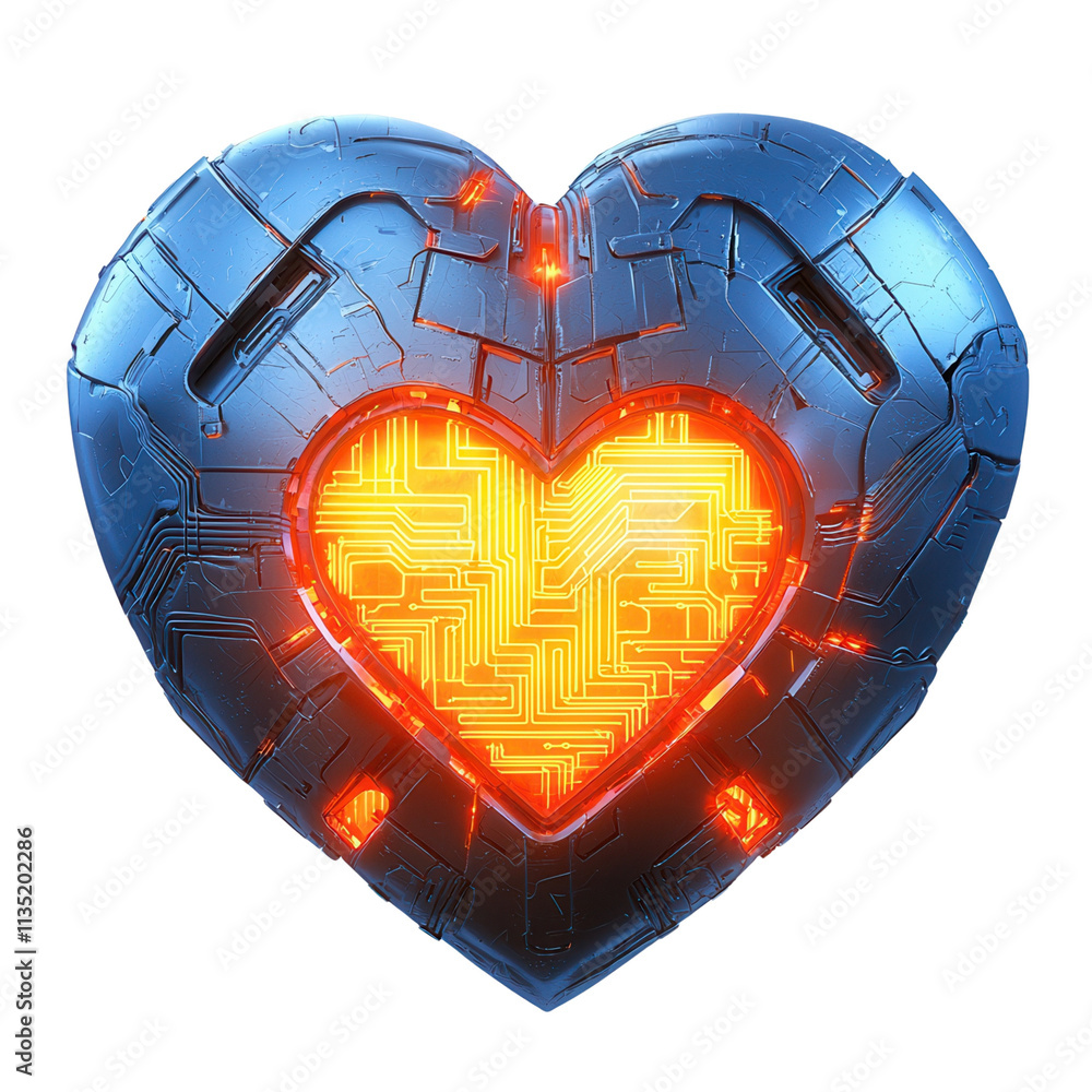 Poster a metallic heart with glowing circuitry at its core, featuring intricate designs and an illuminated 