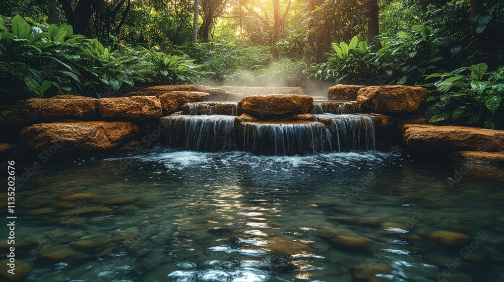 Poster a serene waterfall cascading into a tranquil pool surrounded by lush greenery.