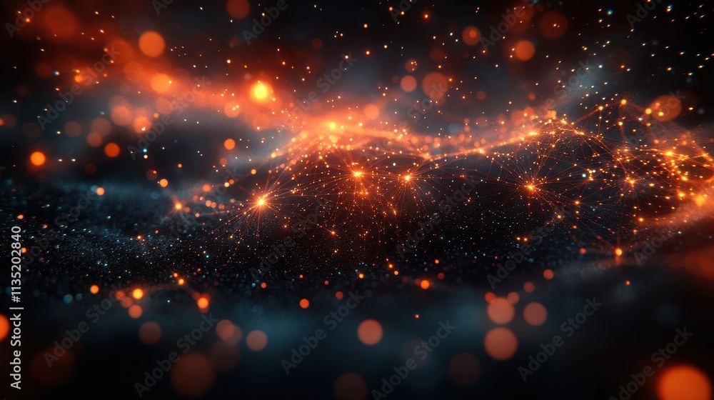 Aufkleber abstract digital network glowing orange connections in dark space with bokeh effect.