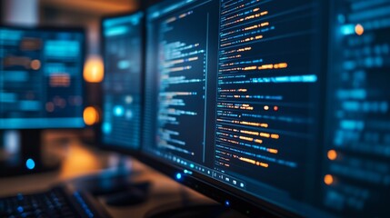 A modern tech workspace featuring multiple monitors displaying lines of code for software development. The vibrant screen colors and depth of focus create a dynamic view, ideal for themes related to
