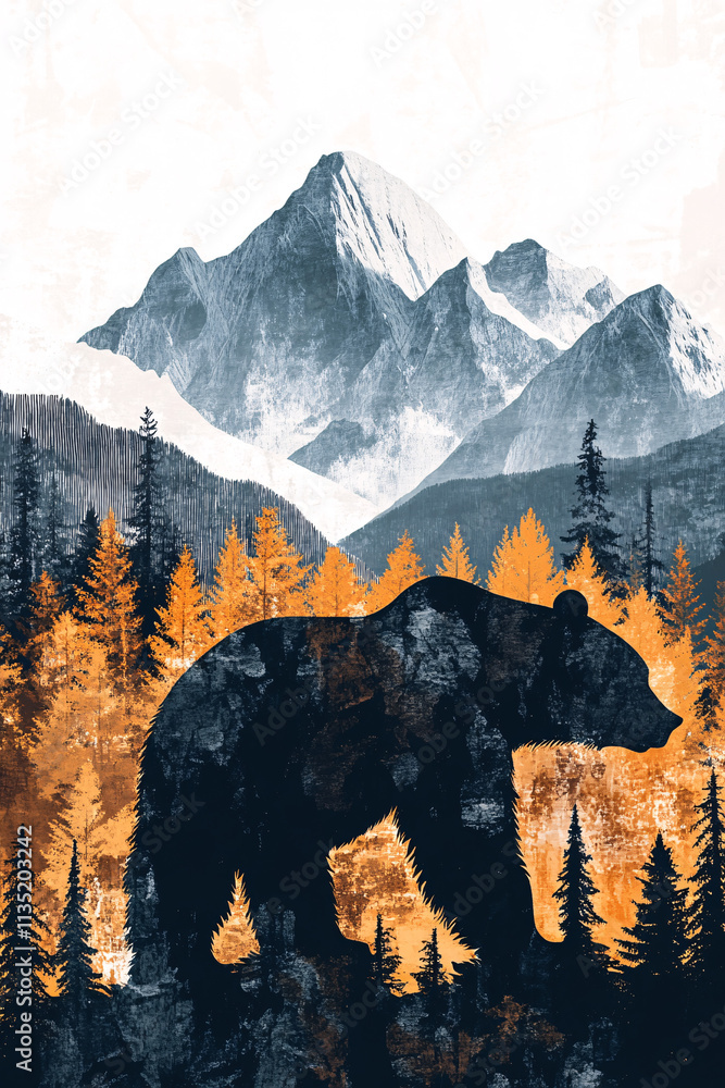 Poster illustration of a bear in the forest, with its form blending into the abstract, angular shapes of tr